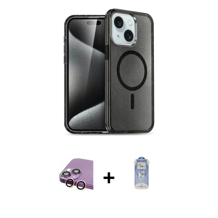 MARSİLYAN™- iPhone 15 Kılıf Nova Asil Prime - Siyah Joko Magic 5D Cam + Raze Metal Kamera Lens - PE