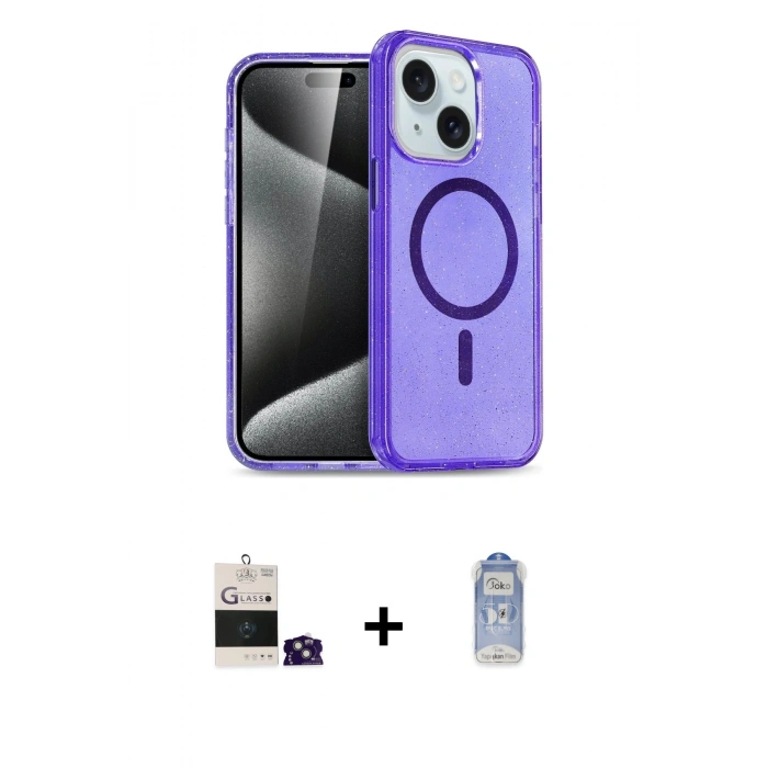 MARSİLYAN™- iPhone 15 Kılıf Nova Asil Prime - Siyah Joko Magic 5D Cam + Yeşil Bilvis Titan Kamera Lens