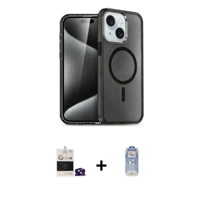 MARSİLYAN™- iPhone 15 Kılıf Nova Asil Prime - Siyah Joko Magic 5D Cam + Yeşil Bilvis Titan Kamera Lens