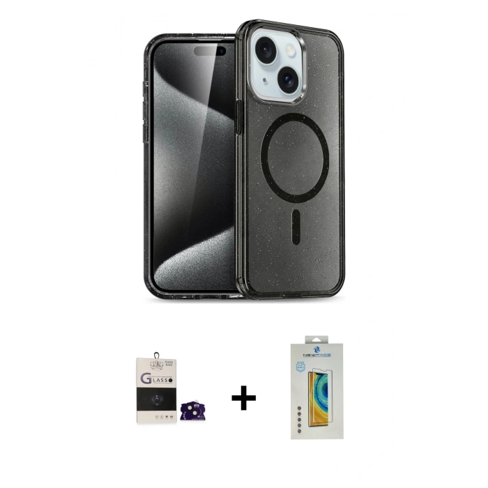 MARSİLYAN™- iPhone 15 Kılıf Nova Asil Prime - Siyah Polymer Nano Ekran Koruyucu + Bilvis Titan Kamera Lens - SH