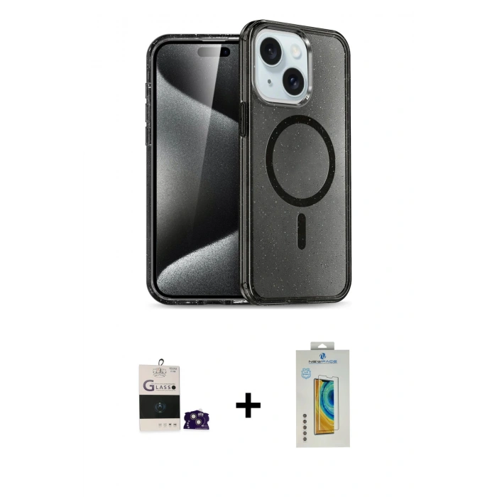 MARSİLYAN™- iPhone 15 Kılıf Nova Asil Prime - Siyah Polymer Nano Ekran Koruyucu + Bilvis Titan Kamera Lens - PE