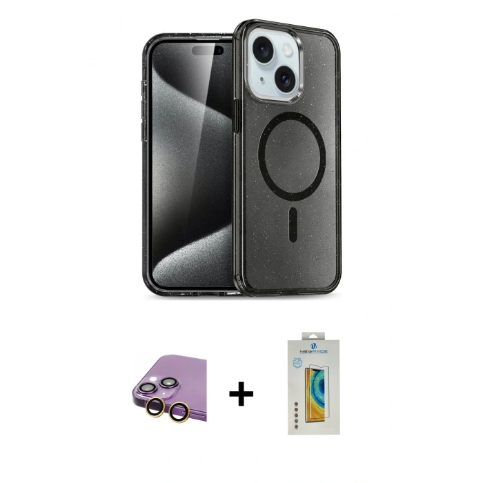 MARSİLYAN™- iPhone 15 Kılıf Nova Asil Prime - Siyah Polymer Nano Ekran Koruyucu + Raze Metal Kamera Lens - SI