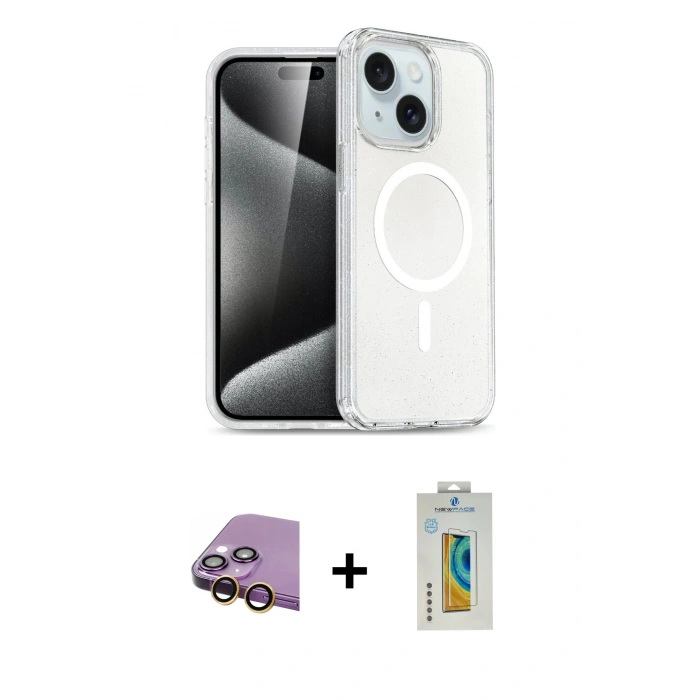 MARSİLYAN™- iPhone 15 Kılıf Nova Asil Prime - Siyah Polymer Nano Ekran Koruyucu + Raze Metal Kamera Lens - SI