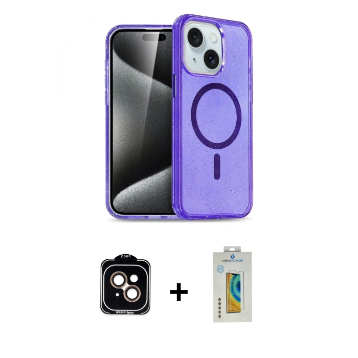 MARSİLYAN™- iPhone 15 Kılıf Nova Asil Prime - Siyah Polymer Nano Ekran Koruyucu + PVD Metal Kamera Lens - TU