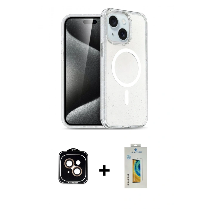 MARSİLYAN™- iPhone 15 Kılıf Nova Asil Prime - Siyah Polymer Nano Ekran Koruyucu + PVD Metal Kamera Lens - TU