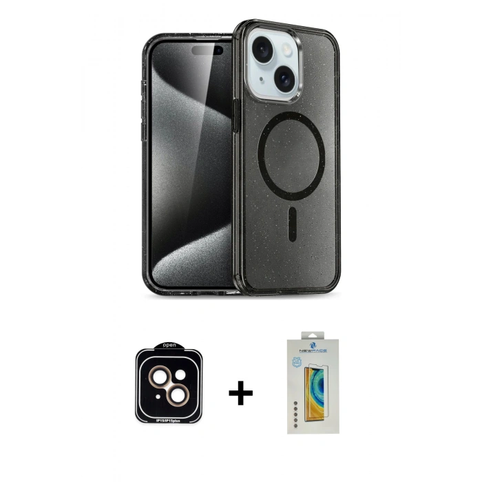 MARSİLYAN™- iPhone 15 Kılıf Nova Asil Prime - Siyah Polymer Nano Ekran Koruyucu + PVD Metal Kamera Lens - TU