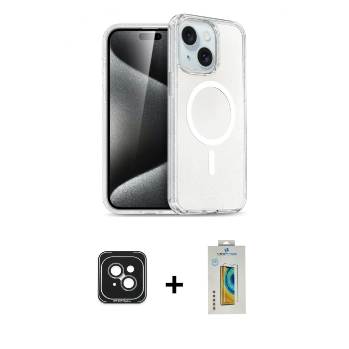 MARSİLYAN™- iPhone 15 Kılıf Nova Asil Prime - Siyah Polymer Nano Ekran Koruyucu + PVD Metal Kamera Lens - YL
