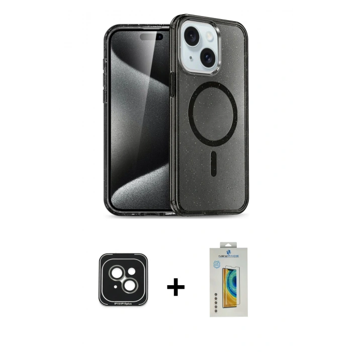 MARSİLYAN™- iPhone 15 Kılıf Nova Asil Prime - Siyah Polymer Nano Ekran Koruyucu + PVD Metal Kamera Lens - YL