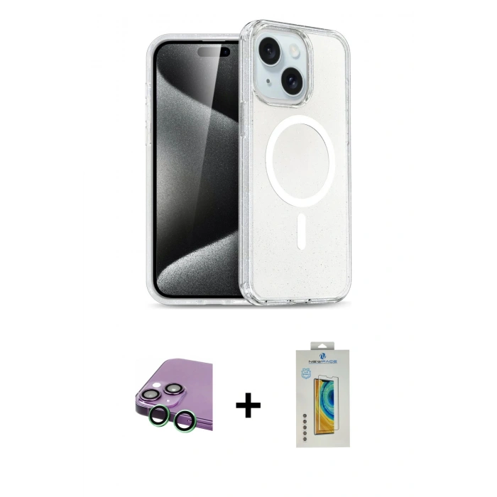 MARSİLYAN™- iPhone 15 Kılıf Nova Asil Prime - Siyah Polymer Nano Ekran Koruyucu + Raze Metal Kamera Lens - YL