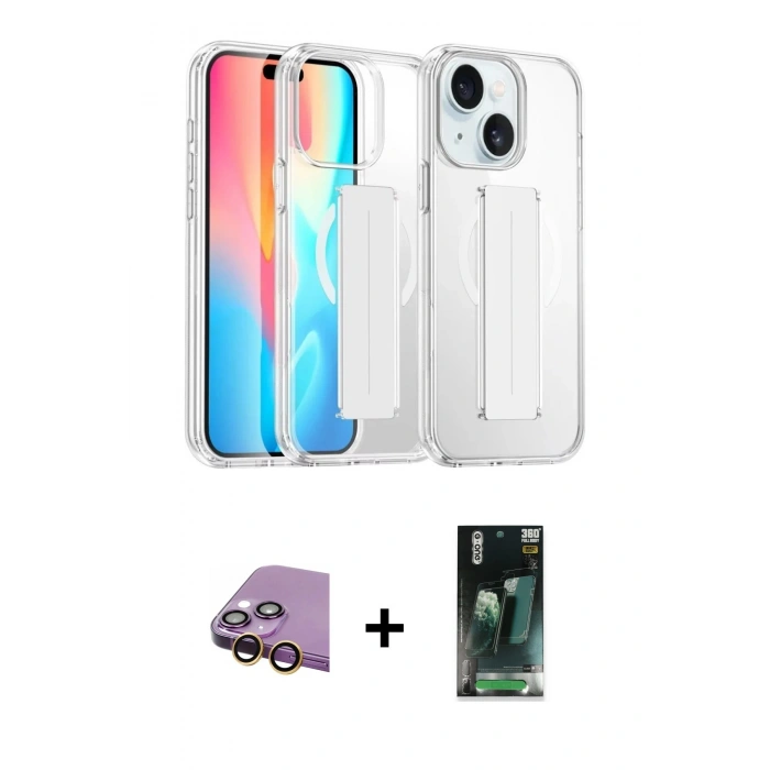 MARSİLYAN™- iPhone 15 Kılıf Nova Işık Koleksiyonu - Şeffaf 360 Full Body Arka Koruyucu + Raze Metal Kamera Lens - SI