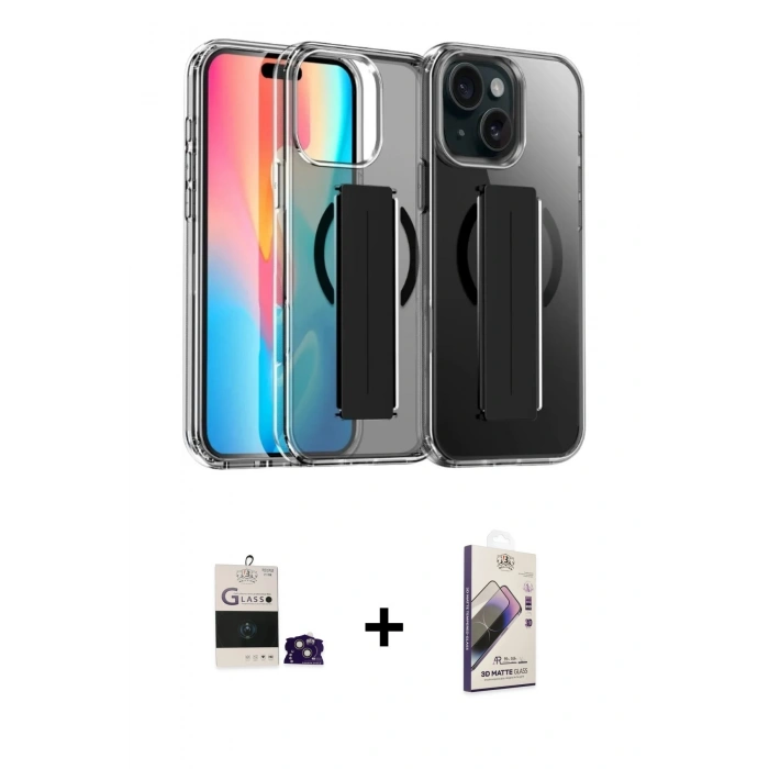 MARSİLYAN™- iPhone 15 Kılıf Nova Işık Koleksiyonu - Siyah Bilvis 3D Mat Cam Ekran Koruyucu + Pembe Bilvis Titan Kamera Lens