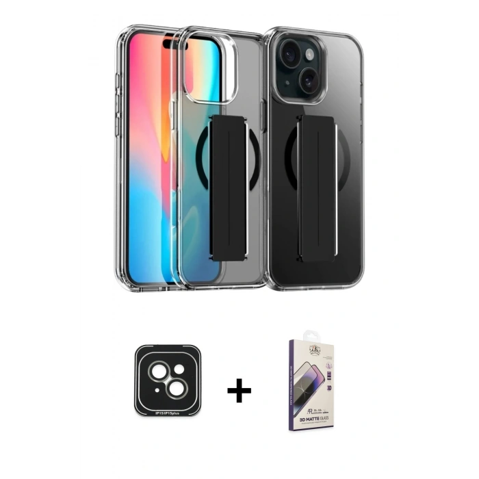 MARSİLYAN™- iPhone 15 Kılıf Nova Işık Koleksiyonu - Siyah Bilvis 3D Mat Cam Ekran Koruyucu + PVD Metal Kamera Lens - YL