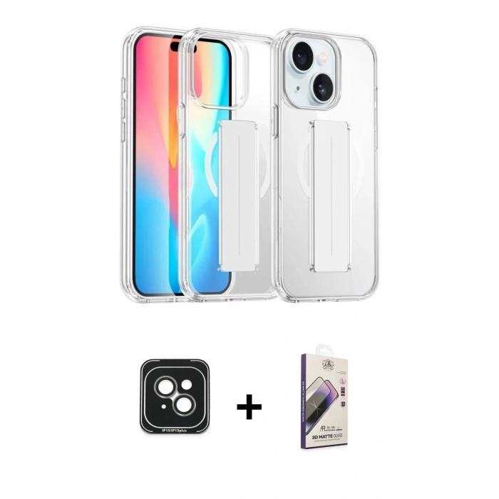 MARSİLYAN™- iPhone 15 Kılıf Nova Işık Koleksiyonu - Siyah Bilvis 3D Mat Cam Ekran Koruyucu + PVD Metal Kamera Lens - YL