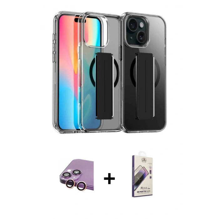 MARSİLYAN™- iPhone 15 Kılıf Nova Işık Koleksiyonu - Siyah Bilvis 3D Mat Cam Ekran Koruyucu + Raze Metal Kamera Lens - PE