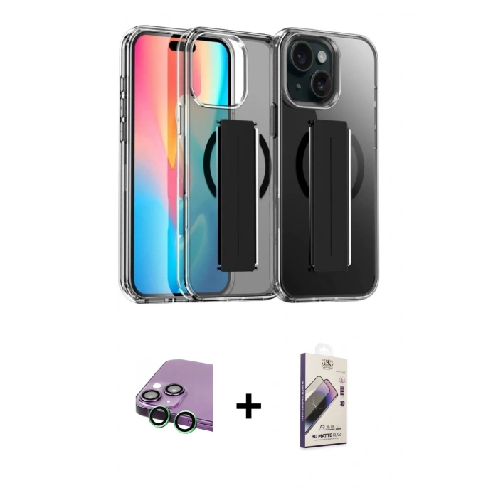 MARSİLYAN™- iPhone 15 Kılıf Nova Işık Koleksiyonu - Siyah Bilvis 3D Mat Cam Ekran Koruyucu + Raze Metal Kamera Lens - YL