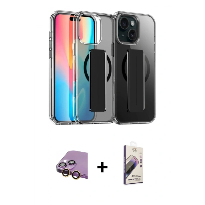 MARSİLYAN™- iPhone 15 Kılıf Nova Işık Koleksiyonu - Siyah Bilvis 3D Mat Cam Ekran Koruyucu + Raze Metal Kamera Lens - SI