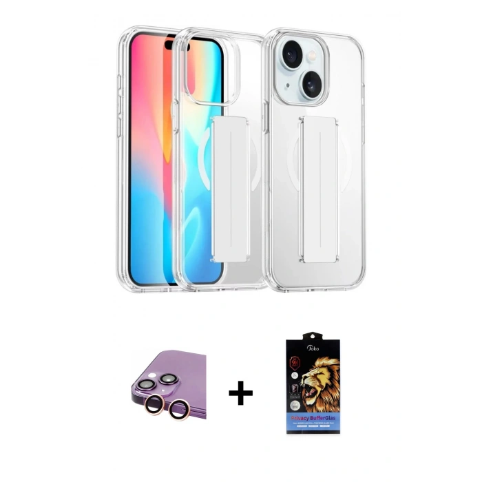 MARSİLYAN™- iPhone 15 Kılıf Nova Işık Koleksiyonu - Siyah Buffer Hayalet Cam Ekran Koruyucu + Raze Metal Kamera Lens - PE