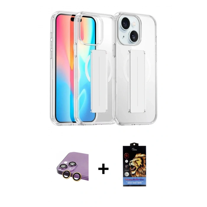 MARSİLYAN™- iPhone 15 Kılıf Nova Işık Koleksiyonu - Siyah Buffer Hayalet Cam Ekran Koruyucu + Raze Metal Kamera Lens - SI