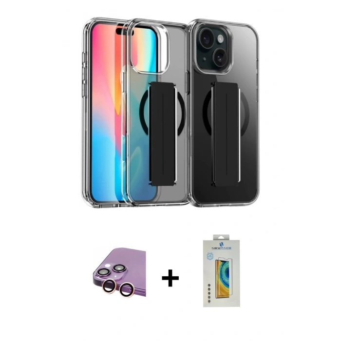 MARSİLYAN™- iPhone 15 Kılıf Nova Işık Koleksiyonu - Siyah Polymer Nano Ekran Koruyucu + Pembe Raze Metal Kamera Lens