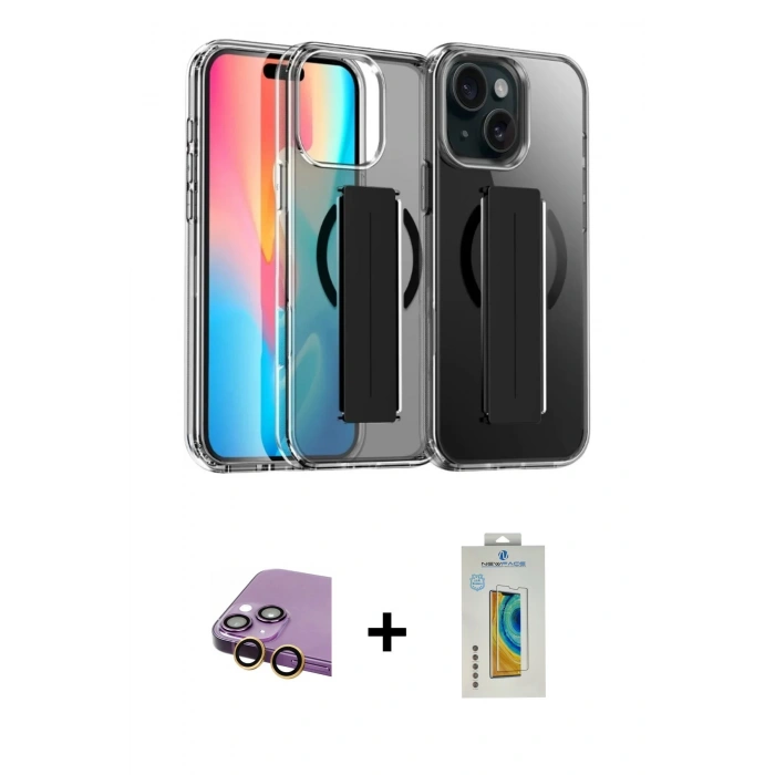 MARSİLYAN™- iPhone 15 Kılıf Nova Işık Koleksiyonu - Siyah Polymer Nano Ekran Koruyucu + Raze Metal Kamera Lens - SI