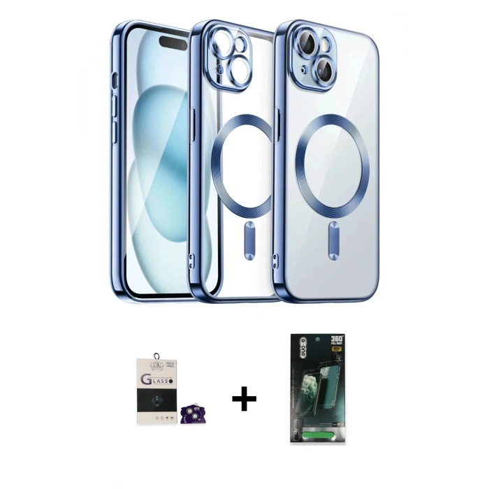 MARSİLYAN™- iPhone 15 Kılıf Nova Işık Özel Seri - Şeffaf 360 Full Body Arka Koruyucu + Bilvis Titan Kamera Lens - YL