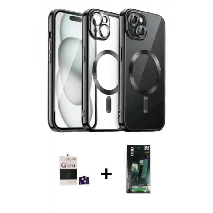 MARSİLYAN™- iPhone 15 Kılıf Nova Işık Özel Seri - Şeffaf 360 Full Body Arka Koruyucu + Bilvis Titan Kamera Lens - YL