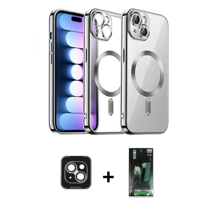 MARSİLYAN™- iPhone 15 Kılıf Nova Işık Özel Seri - Şeffaf 360 Full Body Arka Koruyucu + PVD Metal Kamera Lens - YL