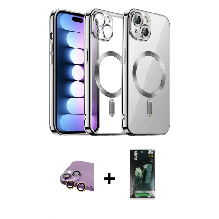 MARSİLYAN™- iPhone 15 Kılıf Nova Işık Özel Seri - Şeffaf 360 Full Body Arka Koruyucu + Raze Metal Kamera Lens - SI