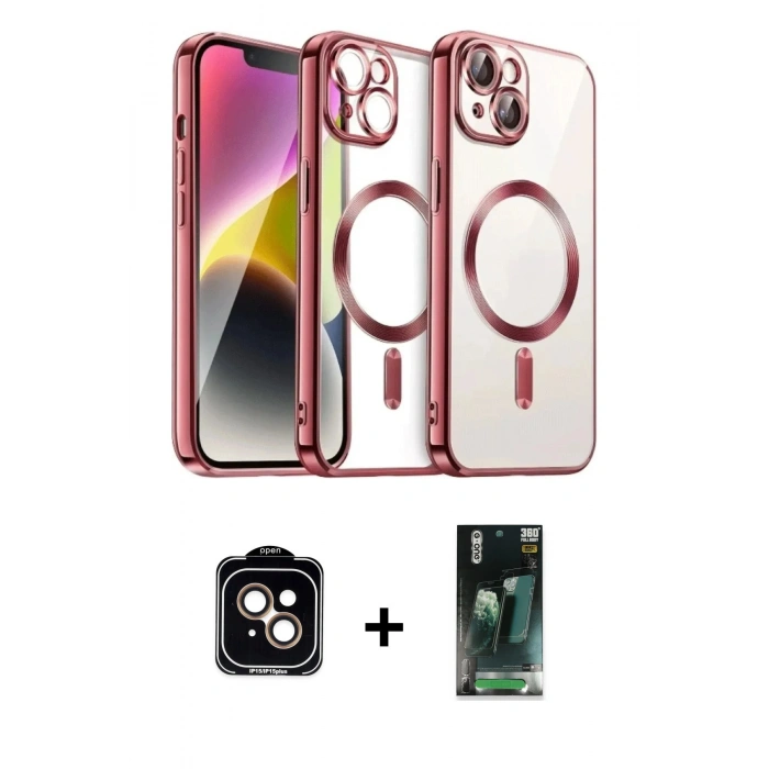 MARSİLYAN™- iPhone 15 Kılıf Nova Işık Özel Seri - Şeffaf 360 Full Body Arka Koruyucu + PVD Metal Kamera Lens - TU