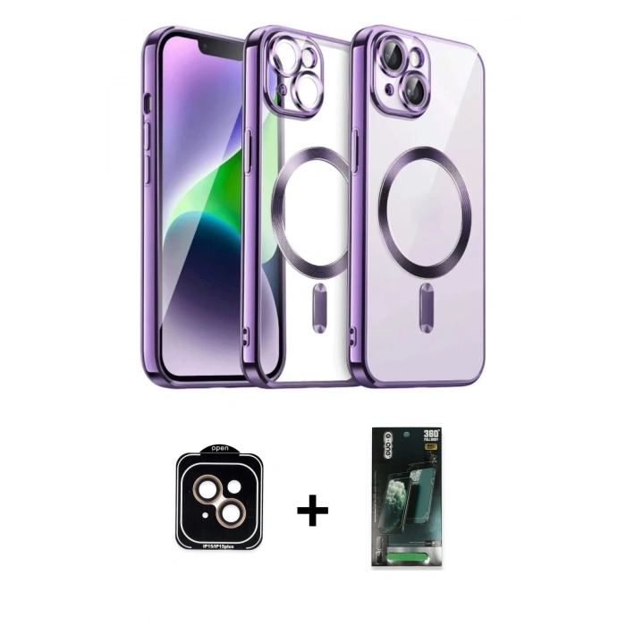 MARSİLYAN™- iPhone 15 Kılıf Nova Işık Özel Seri - Şeffaf 360 Full Body Arka Koruyucu + PVD Metal Kamera Lens - TU