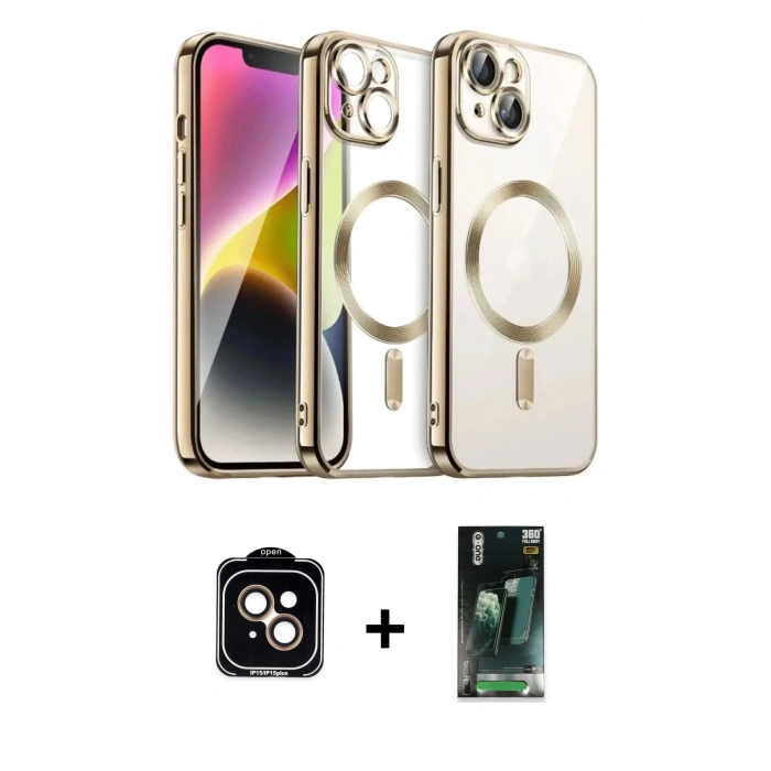MARSİLYAN™- iPhone 15 Kılıf Nova Işık Özel Seri - Şeffaf 360 Full Body Arka Koruyucu + PVD Metal Kamera Lens - TU