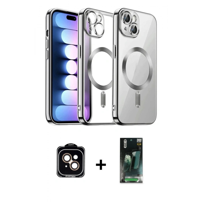 MARSİLYAN™- iPhone 15 Kılıf Nova Işık Özel Seri - Şeffaf 360 Full Body Arka Koruyucu + PVD Metal Kamera Lens - TU