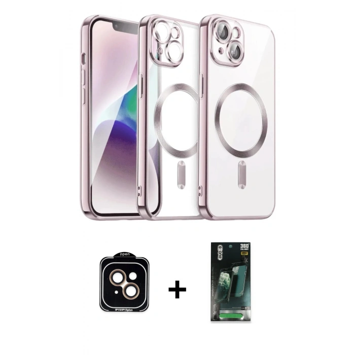 MARSİLYAN™- iPhone 15 Kılıf Nova Işık Özel Seri - Şeffaf 360 Full Body Arka Koruyucu + PVD Metal Kamera Lens - TU