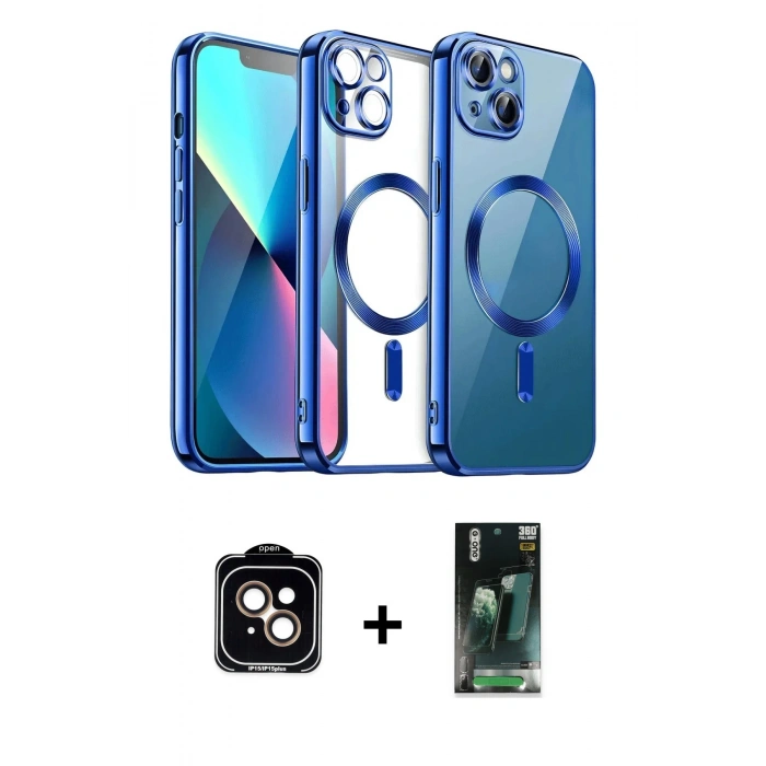 MARSİLYAN™- iPhone 15 Kılıf Nova Işık Özel Seri - Şeffaf 360 Full Body Arka Koruyucu + PVD Metal Kamera Lens - TU