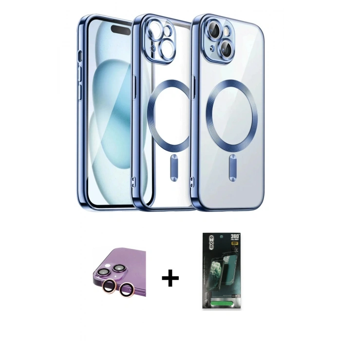 MARSİLYAN™- iPhone 15 Kılıf Nova Işık Özel Seri - Siyah 360 Mat Full Body Arka Koruyucu + Raze Metal Kamera Lens - PE