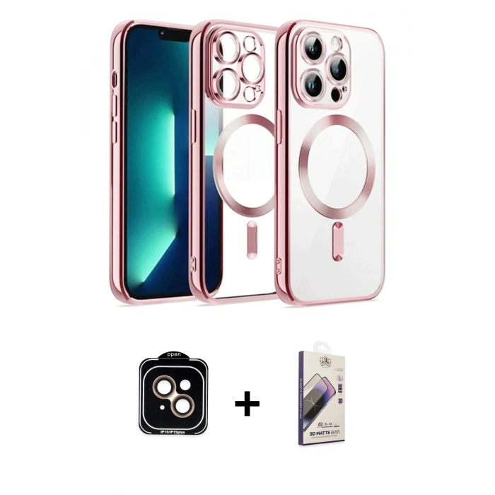 MARSİLYAN™- iPhone 15 Kılıf Nova Işık Özel Seri - Siyah Bilvis 3D Mat Cam Ekran Koruyucu + PVD Metal Kamera Lens - TU