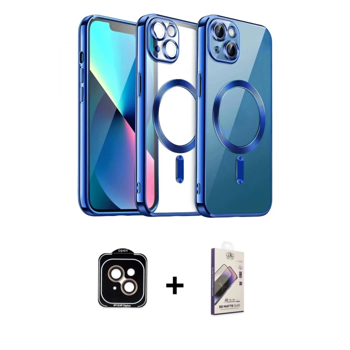 MARSİLYAN™- iPhone 15 Kılıf Nova Işık Özel Seri - Siyah Bilvis 3D Mat Cam Ekran Koruyucu + PVD Metal Kamera Lens - TU
