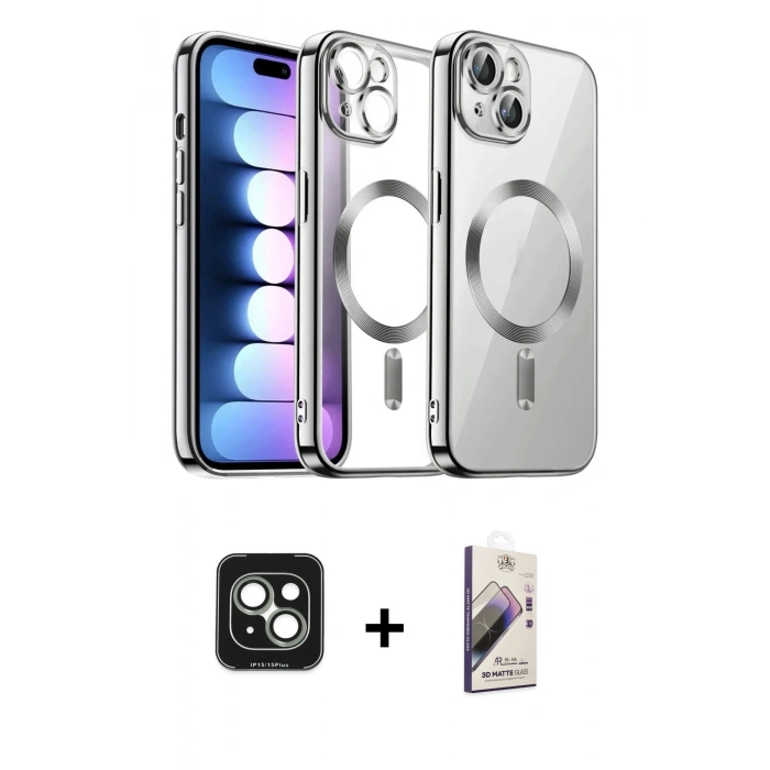 MARSİLYAN™- iPhone 15 Kılıf Nova Işık Özel Seri - Siyah Bilvis 3D Mat Cam Ekran Koruyucu + PVD Metal Kamera Lens - YL