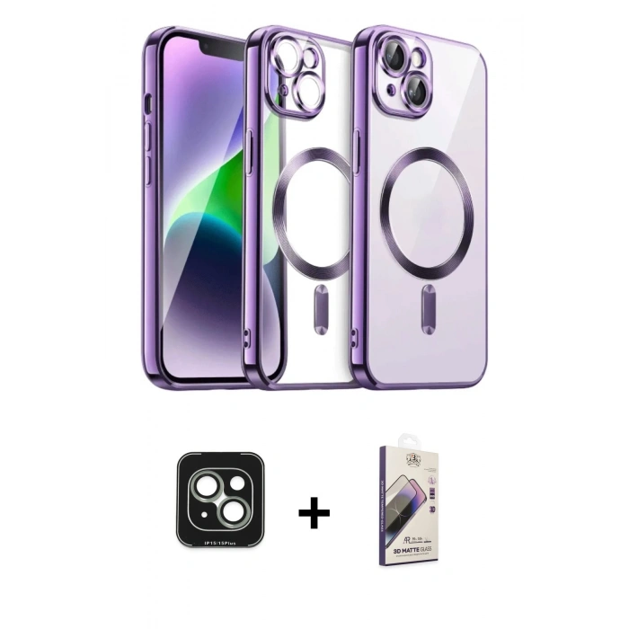 MARSİLYAN™- iPhone 15 Kılıf Nova Işık Özel Seri - Siyah Bilvis 3D Mat Cam Ekran Koruyucu + PVD Metal Kamera Lens - YL