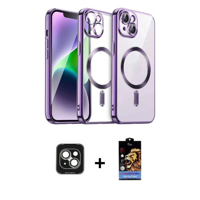 MARSİLYAN™- iPhone 15 Kılıf Nova Işık Özel Seri - Siyah Buffer Hayalet Cam Ekran Koruyucu + PVD Metal Kamera Lens - YL