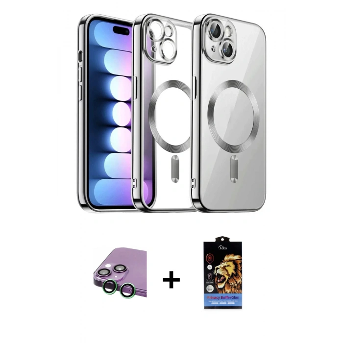 MARSİLYAN™- iPhone 15 Kılıf Nova Işık Özel Seri - Siyah Buffer Hayalet Cam Ekran Koruyucu + Raze Metal Kamera Lens - YL
