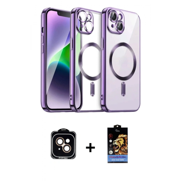 MARSİLYAN™- iPhone 15 Kılıf Nova Işık Özel Seri - Siyah Buffer Hayalet Cam Ekran Koruyucu + Turuncu PVD Metal Kamera Lens