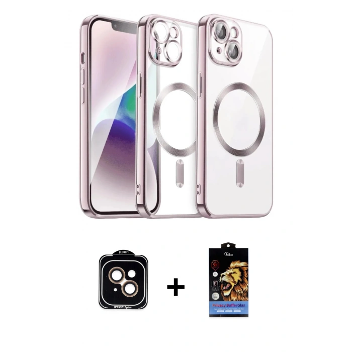 MARSİLYAN™- iPhone 15 Kılıf Nova Işık Özel Seri - Siyah Buffer Hayalet Cam Ekran Koruyucu + Turuncu PVD Metal Kamera Lens