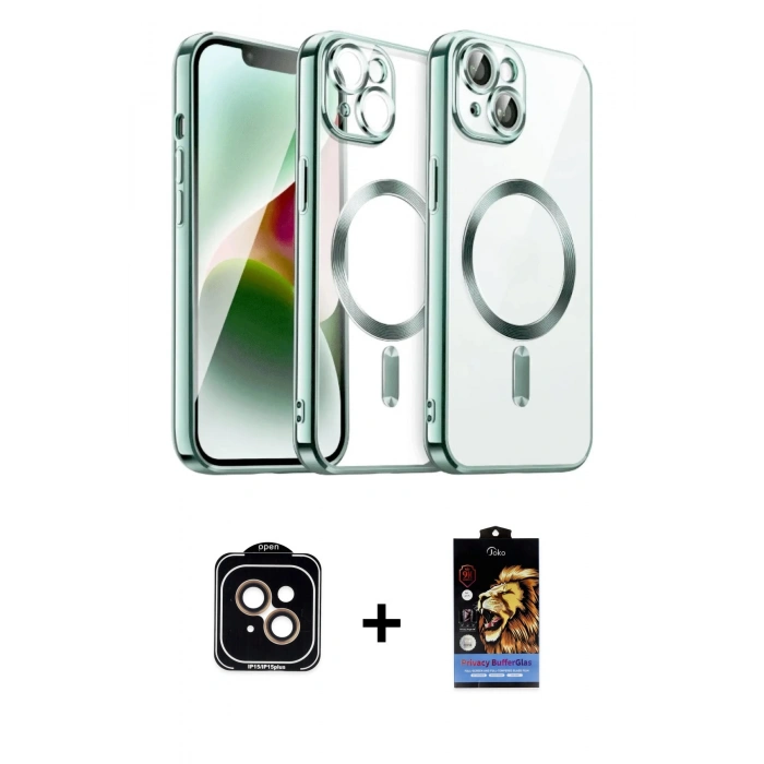MARSİLYAN™- iPhone 15 Kılıf Nova Işık Özel Seri - Siyah Buffer Hayalet Cam Ekran Koruyucu + Turuncu PVD Metal Kamera Lens