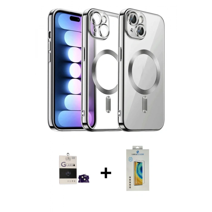 MARSİLYAN™- iPhone 15 Kılıf Nova Işık Özel Seri - Siyah Polymer Nano Ekran Koruyucu + Bilvis Titan Kamera Lens - SH