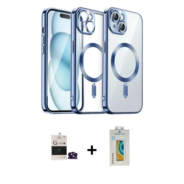 MARSİLYAN™- iPhone 15 Kılıf Nova Işık Özel Seri - Siyah Polymer Nano Ekran Koruyucu + Bilvis Titan Kamera Lens - PE