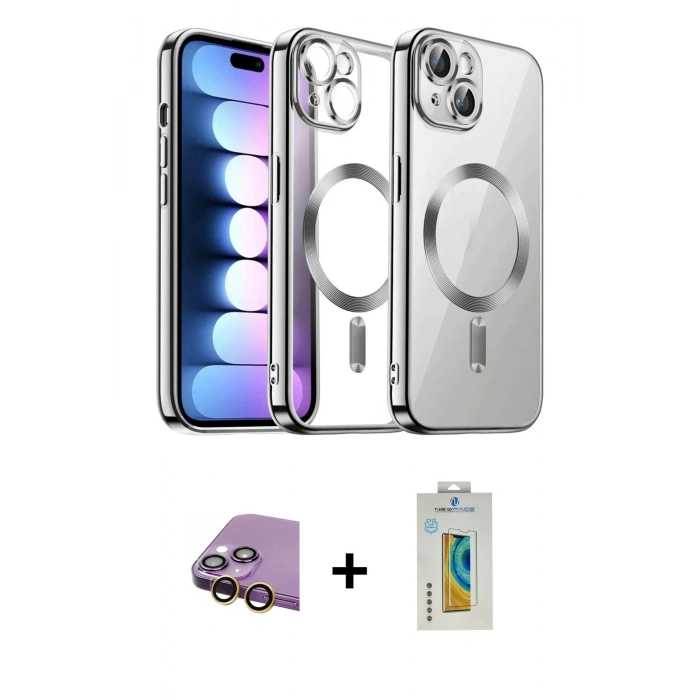 MARSİLYAN™- iPhone 15 Kılıf Nova Işık Özel Seri - Siyah Polymer Nano Ekran Koruyucu + Raze Metal Kamera Lens - SI