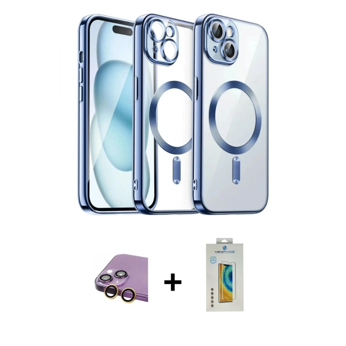 MARSİLYAN™- iPhone 15 Kılıf Nova Işık Özel Seri - Siyah Polymer Nano Ekran Koruyucu + Raze Metal Kamera Lens - SI