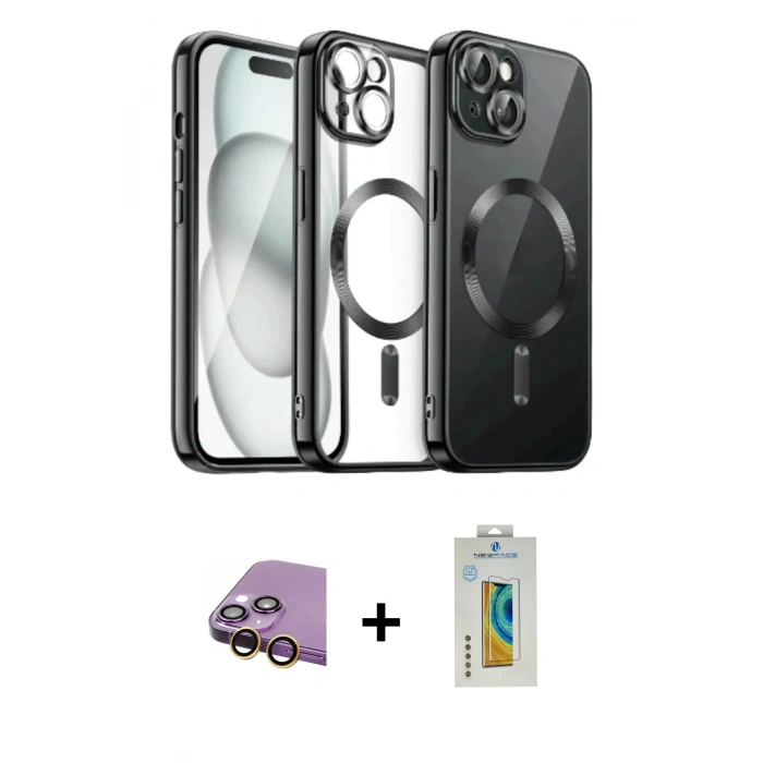 MARSİLYAN™- iPhone 15 Kılıf Nova Işık Özel Seri - Siyah Polymer Nano Ekran Koruyucu + Raze Metal Kamera Lens - SI