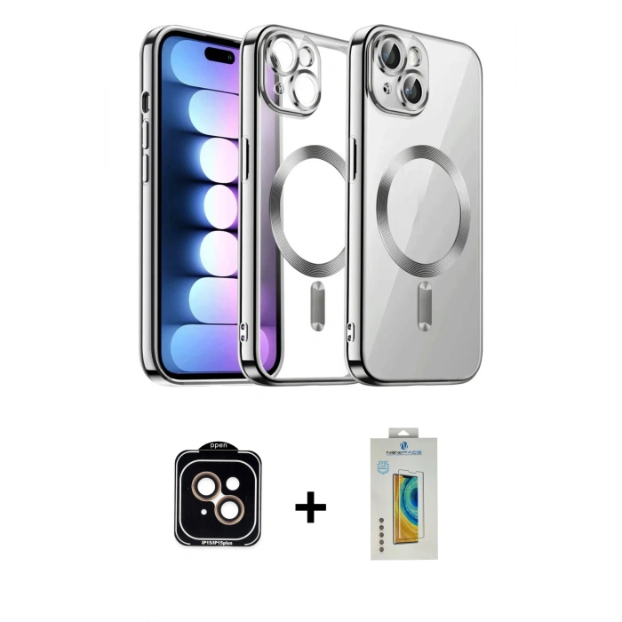 MARSİLYAN™- iPhone 15 Kılıf Nova Işık Özel Seri - Siyah Polymer Nano Ekran Koruyucu + PVD Metal Kamera Lens - TU